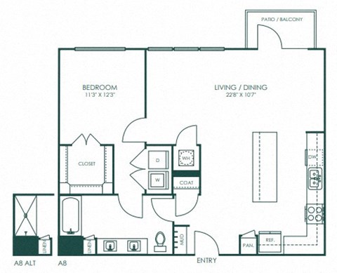 Floor plan for 1 bed, 1 bath, 927 sqft